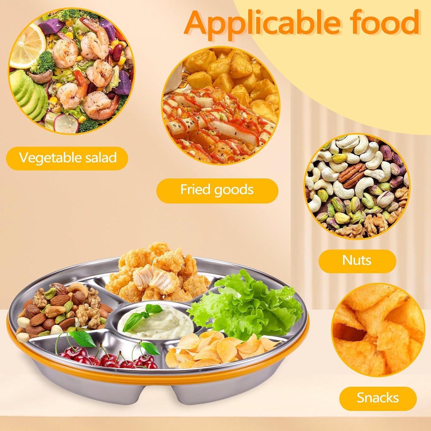 ASTIMESA Divided Serving Tray with Lid 6 Compartments, 10.4 Inch Stainless Steel Round Veggie Tray, Reusable Snack Box Container Fruit Platter Parties Fridge Food Storage Picnic (1 pcs)