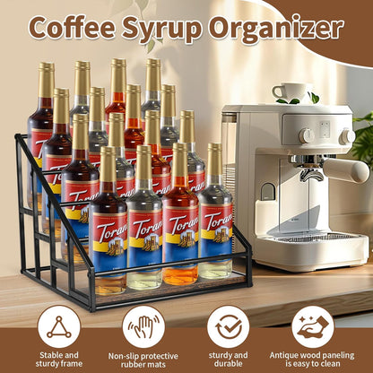 YQBRAO Coffee Syrup Rack Organizer,Liquor Bottle Display Shelf,2-Tier 4 Bottle Stand for Coffee Bar, Kitchen Station, Liquor, Wine, Dressing,Rustic Brown