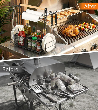 Grill Caddy Barbecue Tool Sets for Outdoor Grill, Picnic BBQ Caddy Picnic Utensil Condiment Organizer, BBQ Accessories Camping Gifts with Paper Towel Holders, Compartments & Hooks