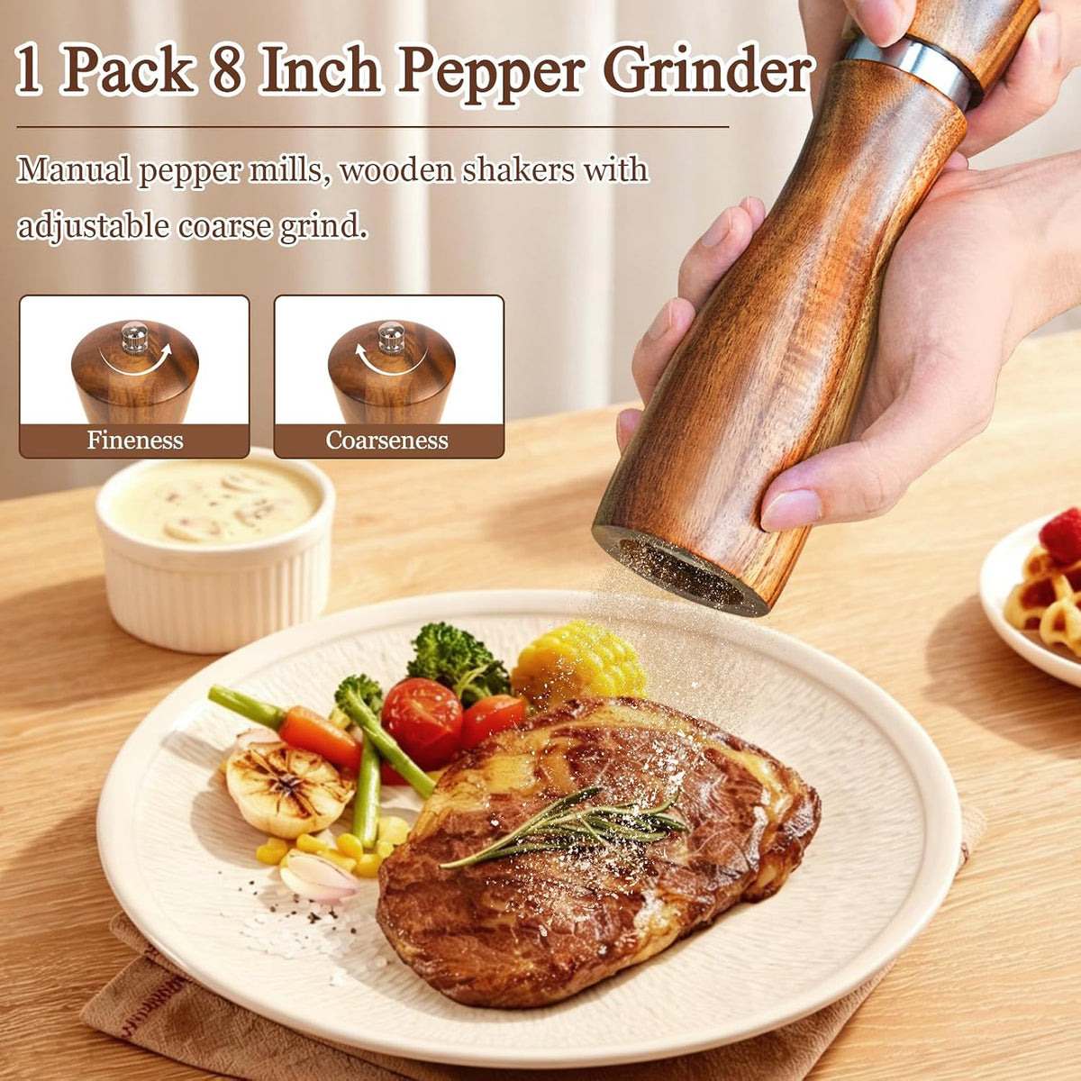 Acacia Wood Pepper Grinder, 8 Inch Salt Mill Pepper Mill for Kitchen