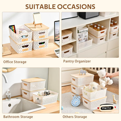 8 Pack Plastic Storage Bins with Bamboo Lids - Stackable Storage Baskets with Handle for Pantry Organizer and Storage, Plastic Containers Bins Lidded Storage Bins for Classroom Office Shelves