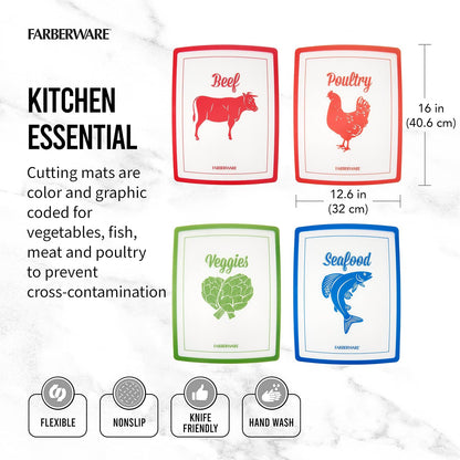 Farberware Flexible Cutting Mats with Food Icons, 11-Inch-by-15-Inch, Set of 4