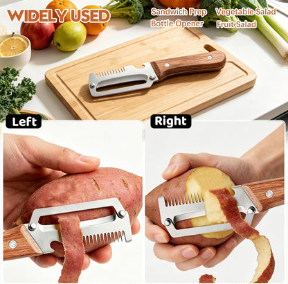 Left & Right Hand Vegetable Peeler Set with Scallion Slicer & Bottle Opener, Thickened Stainless Steel Wide Blade for Smooth Peeling, Wooden Handle Kitchen Peeler for Fruits & Vegetables