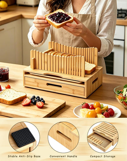 Bamboo Bread Slicer for Homemade Bread, Storage Drawer 2 Bread Bags
