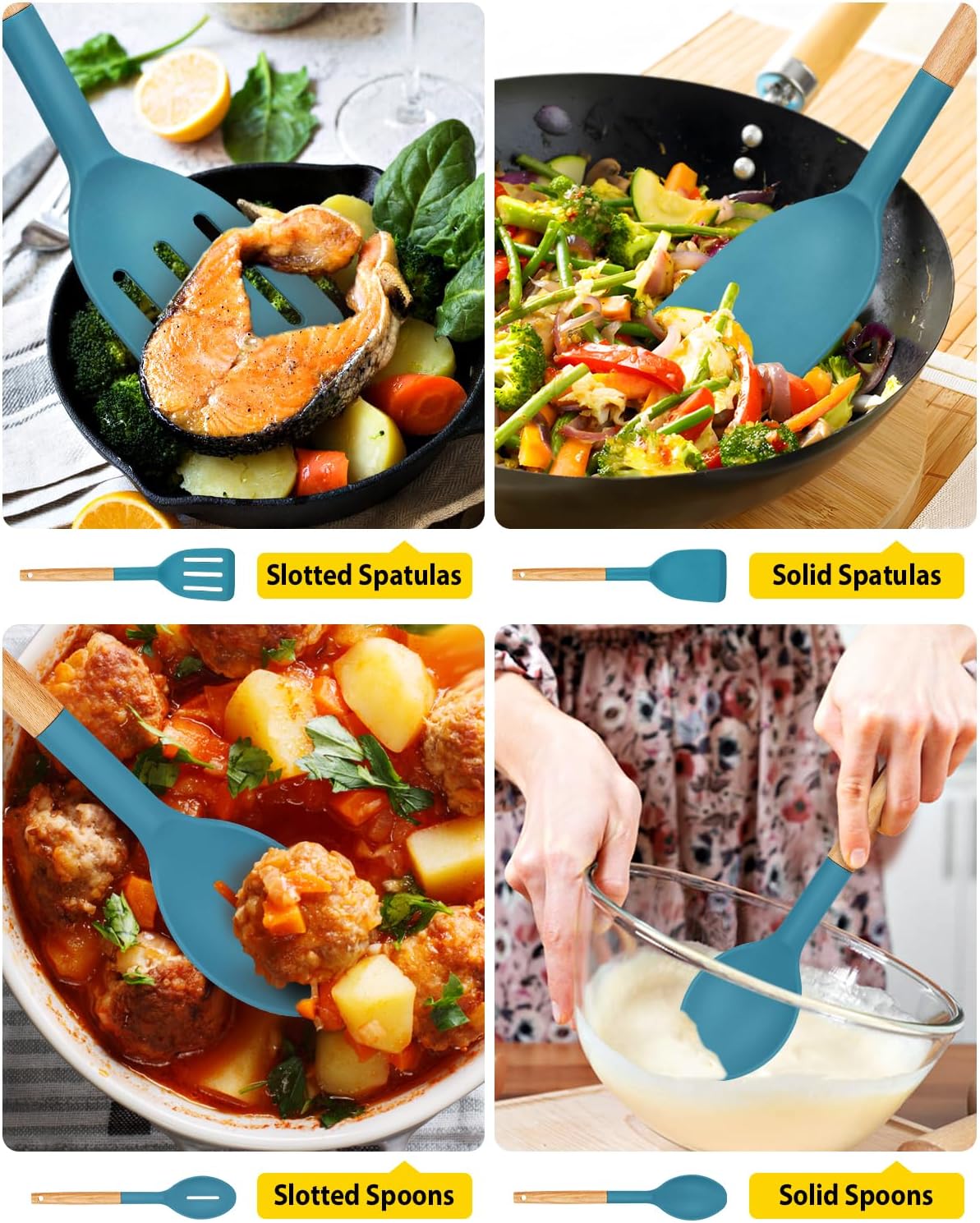 Pack of 4 Silicone Cooking Utensils Set, Non Stick Solid Spatulas and Heat Resistant Slotted Spoons with Wooden Handle, Ideal Wood Kitchen Utensils Set for Frying,Serving,Turning,Stirring (KHAKI)