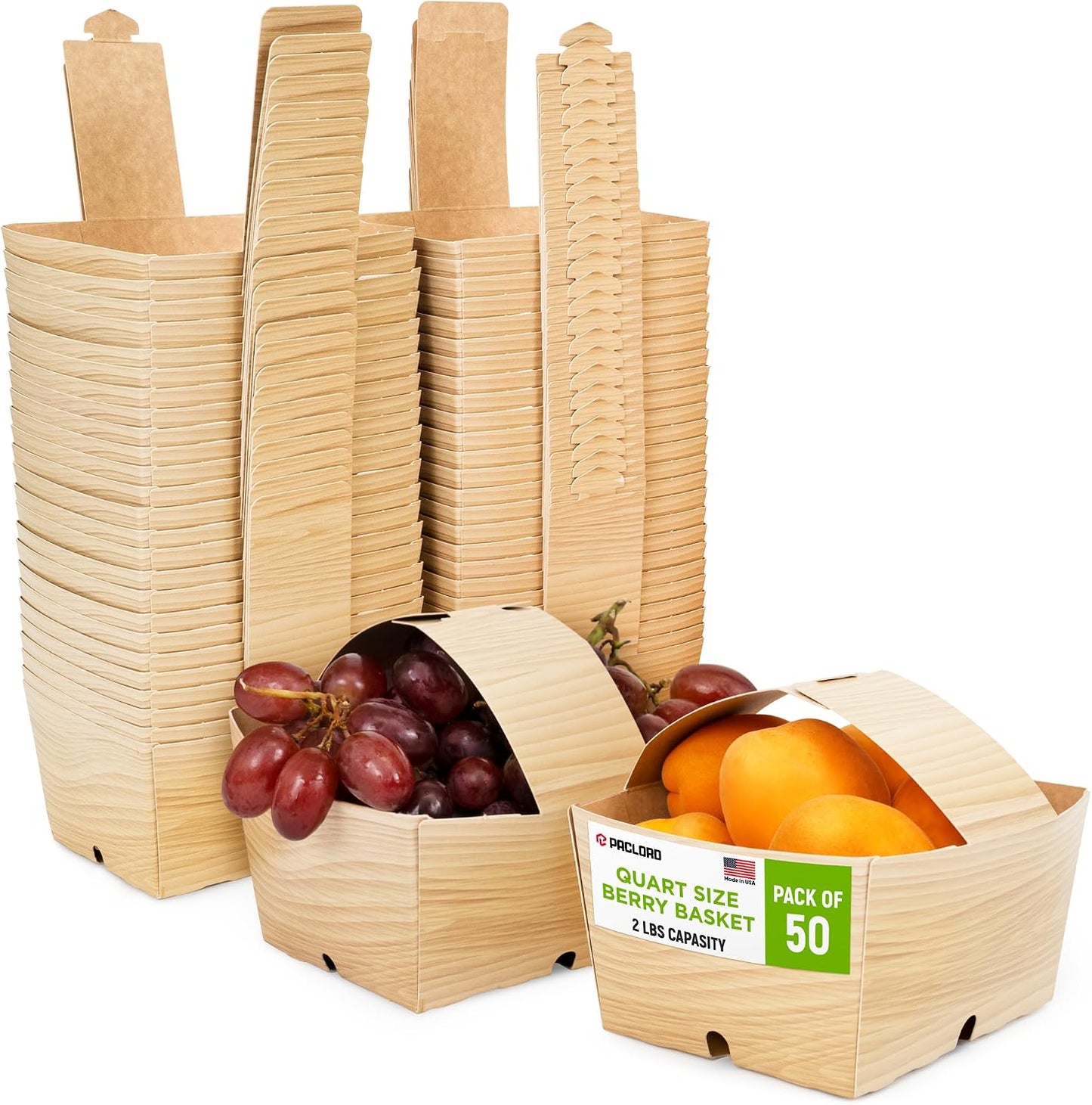 USA-Made Quart-Size Berry Baskets with Handles, Pack of 25 - 2 lbs Capacity Produce Basket for Fruits, Berries & Veggies - Premium Berry Container for Farmers Markets or Product Displays