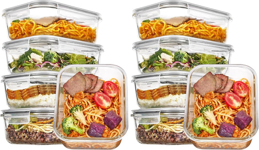 Vtopmart 10 Pack 35oz Glass Food Storage Containers with Lids, Meal Prep Containers, Airtight Reusable Lunch Container Set, Safe for Oven, Microwave, Freezer, and Dishwasher, Grey