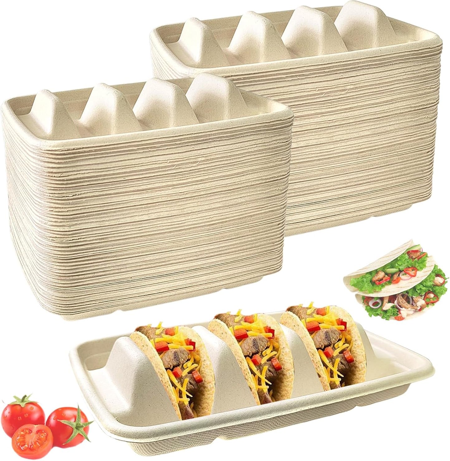 50PCS Disposable Taco Holder for Party，Disposable Taco Plates with 3 Dividers Disposable Taco Holders for Party, Taco Tray Holder, Pulp Fiber Plates Disposable for Taco Tuesday Lazy Susan Taco Bar