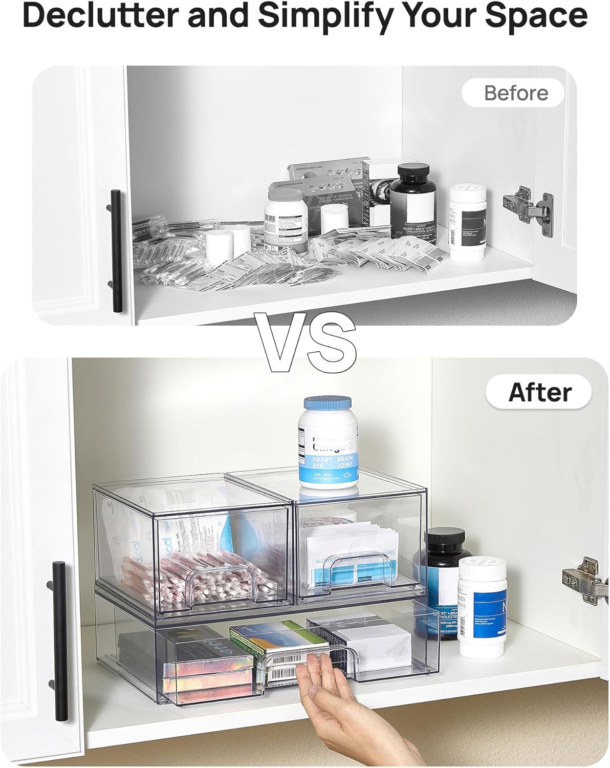 Vtopmart Stackable Storage Drawers Set of 5, Clear Plastic Organizer Bins for Baby Bottle, Beauty Supplies Storage, Ideal for Kichen Countertop, Vanity, Bathroom, Cabinet, Pantry Organization