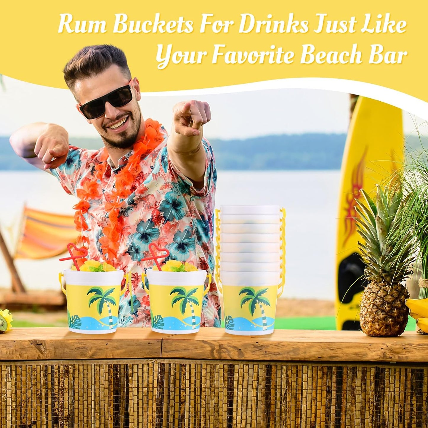 20 Pcs 32 oz Plastic Cocktail Rum Buckets with Handles for Drinks with 100 Colorful Straws Reusable Portable Drink Buckets for Beach Summer Bar Parties