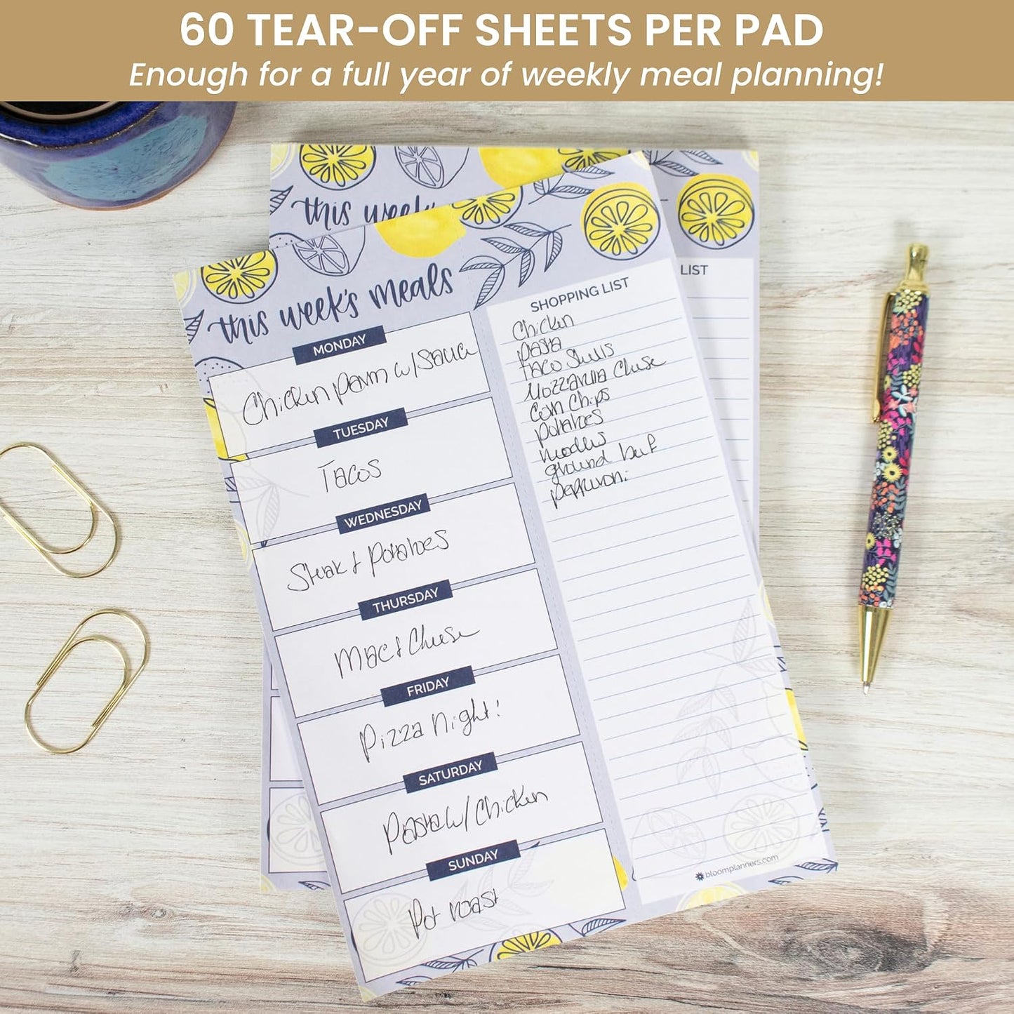 bloom daily planners Weekly Meal Planning Pad - Magnetic Hanging Refrigerator Menu Planner with Tear-Off Sheets & Perforated Grocery Shopping Lists - 6” x 9” (Grey & Pink)