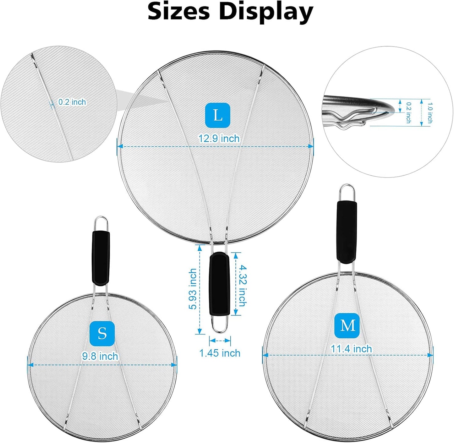 Splatter Screen for Frying Pan - 9.8" 11.4" 13" Stainless Steel Fine Mesh Grease Splatter Guard with Silicone Handle, Hot Oil Splash Guard for Cooking to Prevent Oil Splatter, Safe Cooking