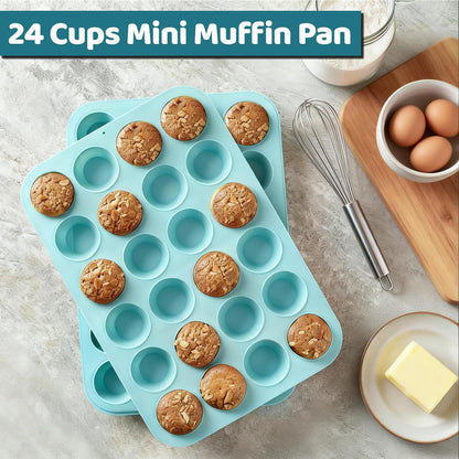 CAKETIME Silicone Mini Muffin Pan, 24 Cups Nonstick Mini Cupcake Pan for Baking Muffin, Cupcake, Egg Bites, Fat Bomb, Light Blue