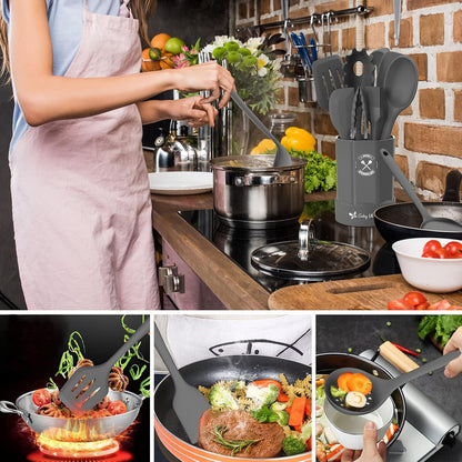 Silicone Kitchen Utensils Set, 16-Piece Silicone Cooking Utensils by Deedro, Heat Resistant Kitchen Tools Set with Holder, Nonstick Spatula Kitchen Gadgets for Cooking & Baking, Colorful