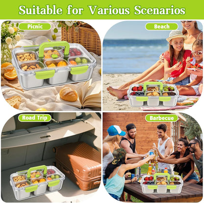 weiwei 6 Compartments Snackle Box Container, Reusable Divided Serving Tray with Lid and Handle, Portable Snack Box Container Snacklebox for Snacks Fruit Candy Picnic Beach Camping, Plastic