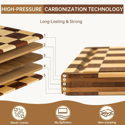 THETCHRY Bamboo Cutting Board Set, Checkered Wood Cutting Boards for Kitchen with Juice Groove, Non Toxic Wooden Charcuterie Boards, Non Slip Chopping Board for Meat Fruit Cheese, Housewarming Gift