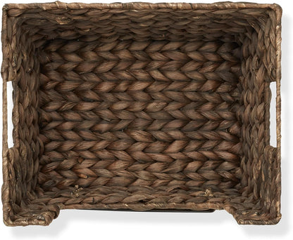 Casafield Set of 2 Water Hyacinth Pantry Baskets with Handles, Chalkboard Labels, and Marker - Natural, Wide Woven Storage Bin Organizers for Kitchen Shelves