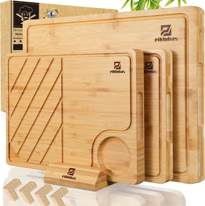 Cutting Boards Large Set of 7, Acacia Wood Charcuterie Chopping Board for Kitchen with Holder Non Slip Feet, Plastic Serving Board Mats, Juice Groove, Reversible Butcher Block for Meat Cheese Bread