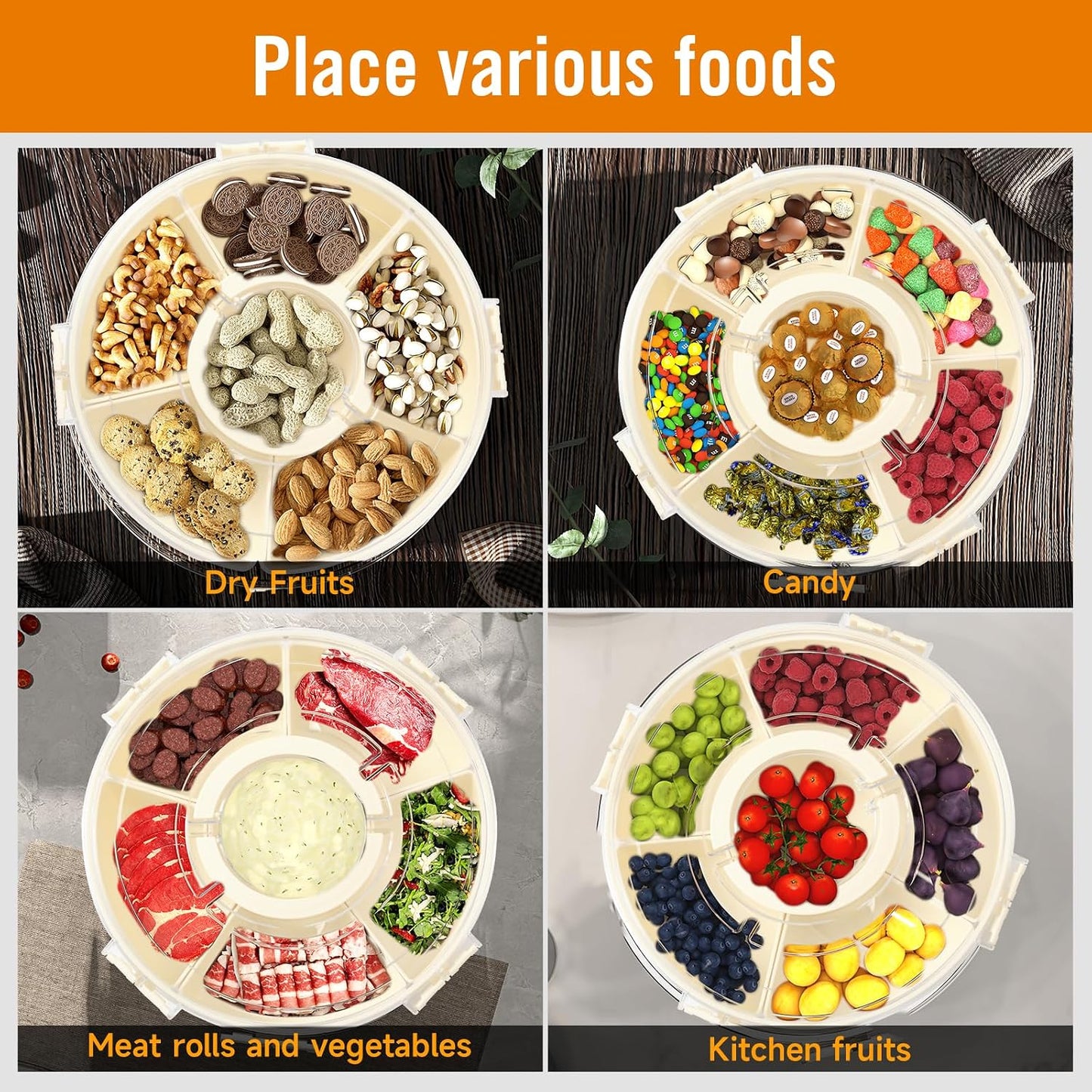 Dishwasher Safety -Divided Rotating Serving Tray with Lid and Handle,Portable Snackle Box for Fruits Snacks Charcuterie,Clear Organizer and Fridge Storage Container,Veggie Platters for Adults Child