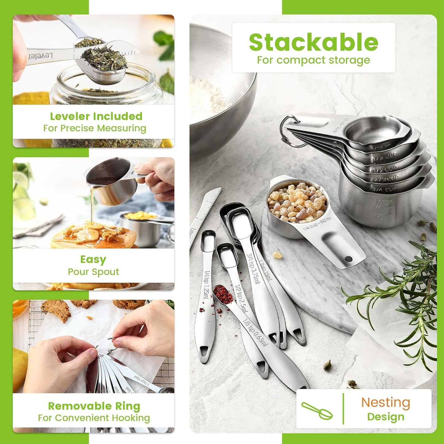 Spring Chef Stainless Steel Measuring Cups and Spoons Set of 14 with Leveler, Nesting Kitchen Metal Measuring Cups and Spoons Set for Dry and Liquid Ingredients, Perfect for Cooking & Baking