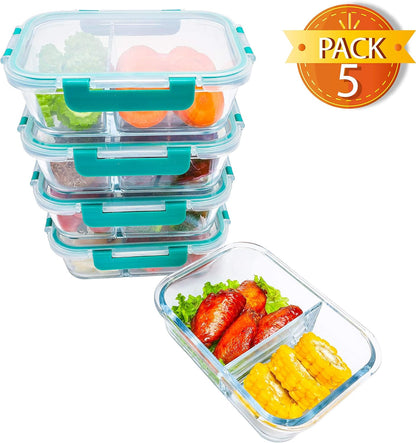 BlueHills Premium Glass Meal Prep Lunch Containers with Snap Green Lock Lids Glass Food Containers BPA-Free Oven Freezer Dishwasher Safe 5 pack set 10 pieces 36 Oz 4.5 cups (G002 Two Compartments)