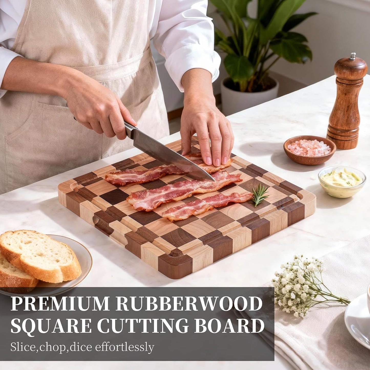 WILLKOMMEN Checkered Cutting Board Set, 3-Piece Wood Checkerboard End Grain Chopping Boards with Holder & Juice Groove Wooden Kitchen Cutting Board for Cooking and Serving (S, M, L)