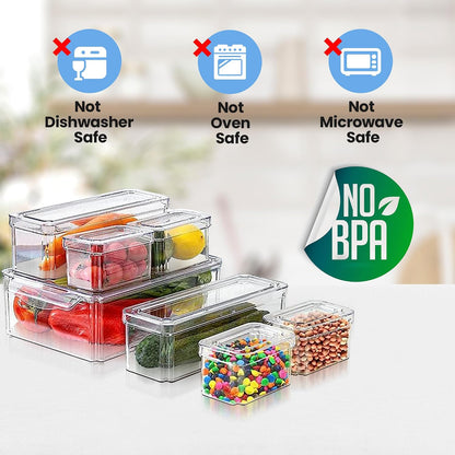 Clear Fridge Organizer Bins - 10 pcs Refrigerator Organizers and Storage Set for Fridge, Freezer, Kitchen, Stackable Pantry Organizer Bins - Includes Pack of 20 Food Bags - Ideal for Food & Drinks