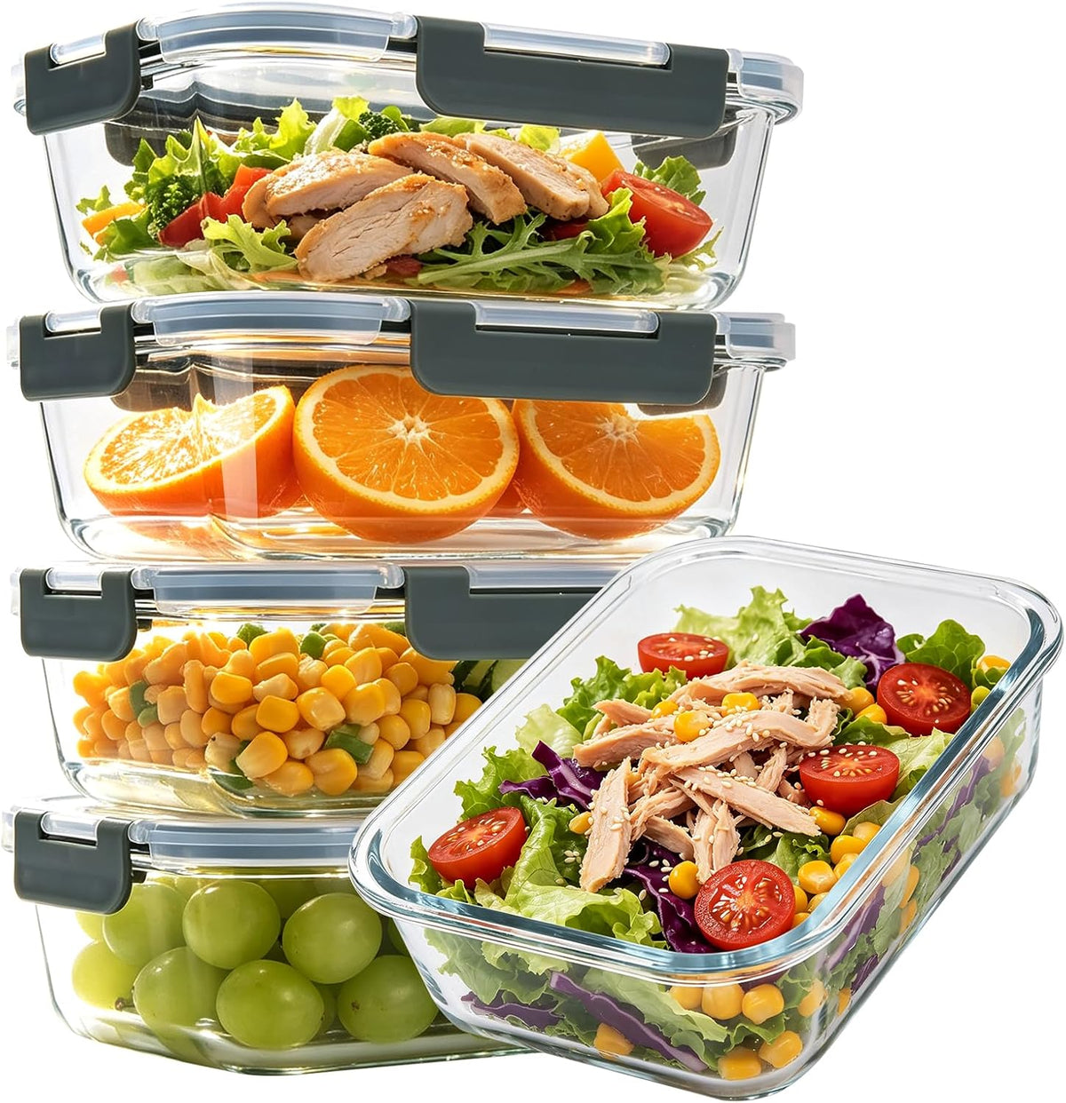 5 Pack 36oz Glass Storage Containers with Lids, Glass Meal Prep Food Container Sets with Snap Airtight Lid for Microwave, Oven, Freezer and Dishwasher, Grey