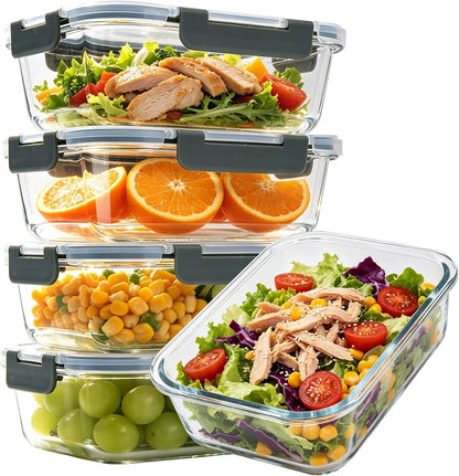 5 Pack 36oz Glass Storage Containers with Lids, Glass Meal Prep Food Container Sets with Snap Airtight Lid for Microwave, Oven, Freezer and Dishwasher, Grey