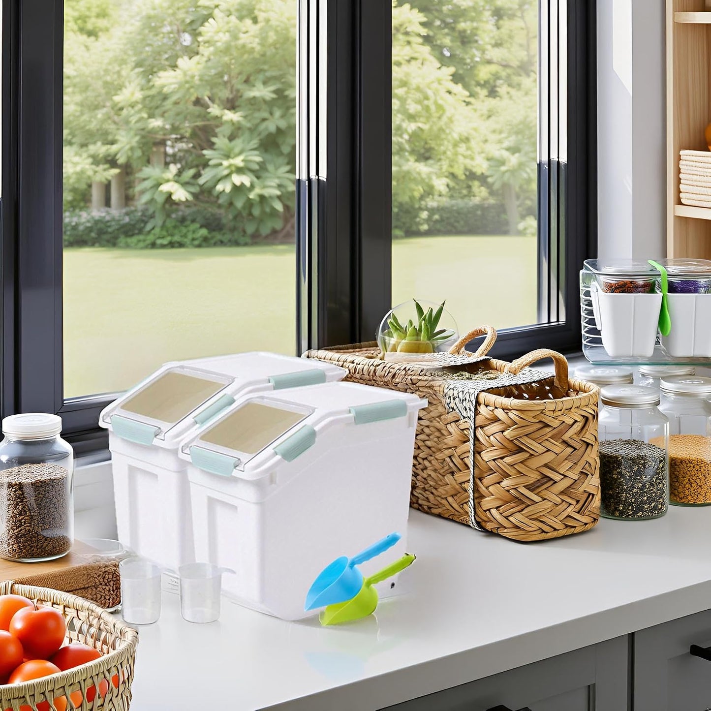 Saim Rice Container 25 lbs, Large Airtight Flour Storage Container with Wheels Measuring Cup, 2 Pack a Set BPA free Food Bin Grain Organizer Box for Dry Baking Supplies Kitchen Pantry Cereal (Gray)