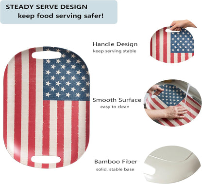 Kingen American flag Patriotic theme party supplies, 18'' Rectangle and 13'' Round Set of 2 Extra-Large Bamboo Serving Trays, Independence Day, Reusable and Dishwasher Safe