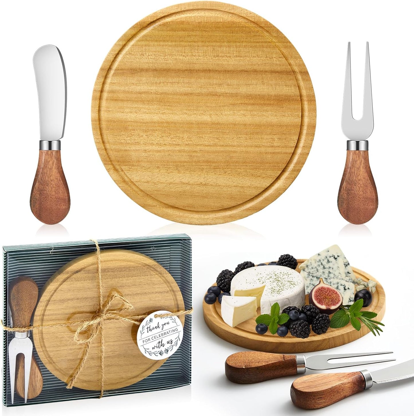 Maxcheck 6 Sets Baby Shower Bridal Game Prizes for Winners Round Cheese Board Set Wood Mini Charcuterie Board with Knives and Forks Thank You Card with Gift Box for Guests Wedding (Bamboo)