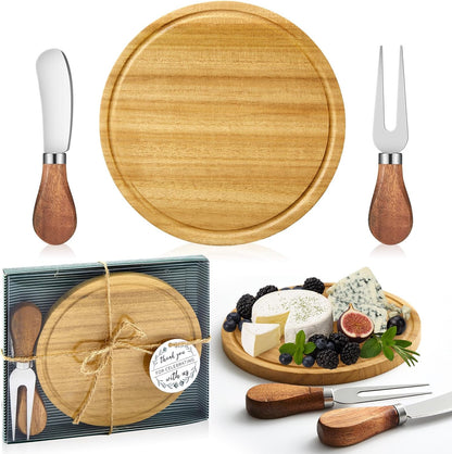 Maxcheck 6 Sets Baby Shower Bridal Game Prizes for Winners Round Cheese Board Set Wood Mini Charcuterie Board with Knives and Forks Thank You Card with Gift Box for Guests Wedding (Bamboo)