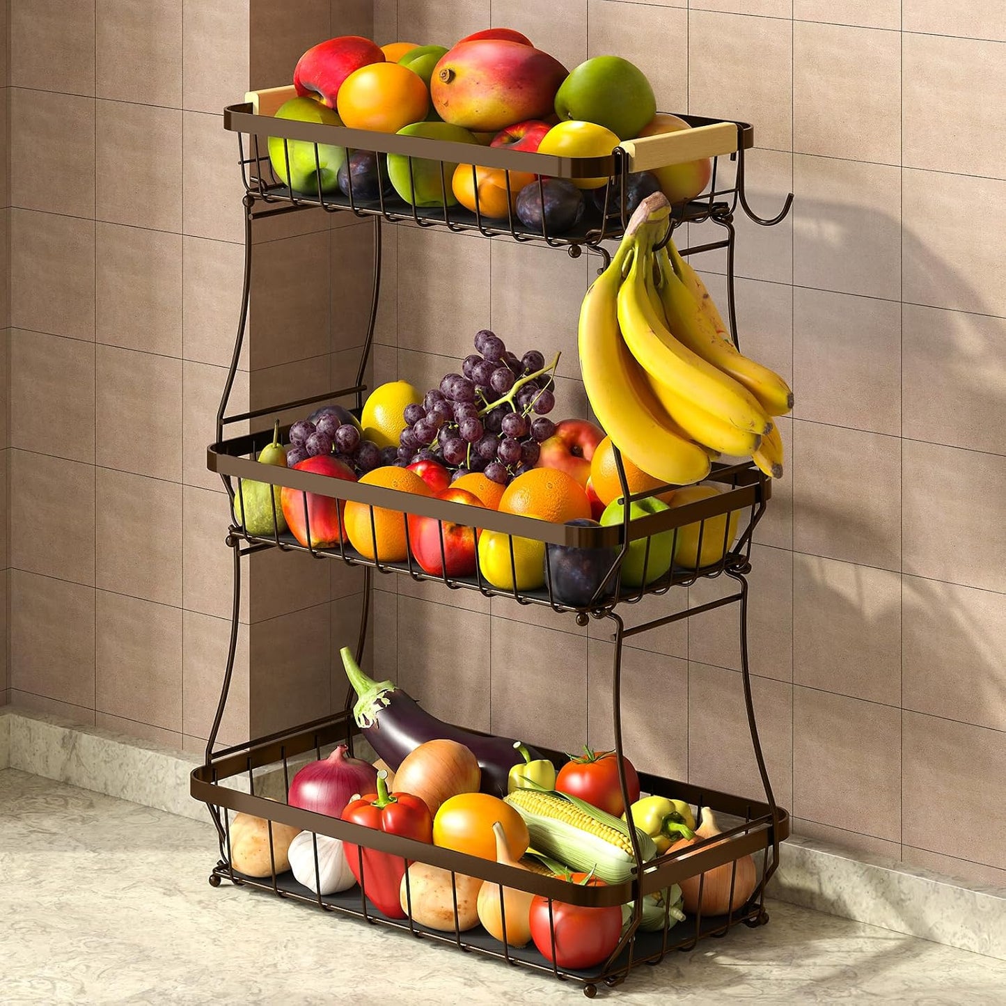 Sevenblue 2 Tier Large Fruit Basket for Kitchen Counter with 2 Mobile Banana Hangers, 2026 Pro Detachable Metal Fruit Bowl with Wooden Handle, Fruit Holder for Bread Snack Veggies with Protective Mats