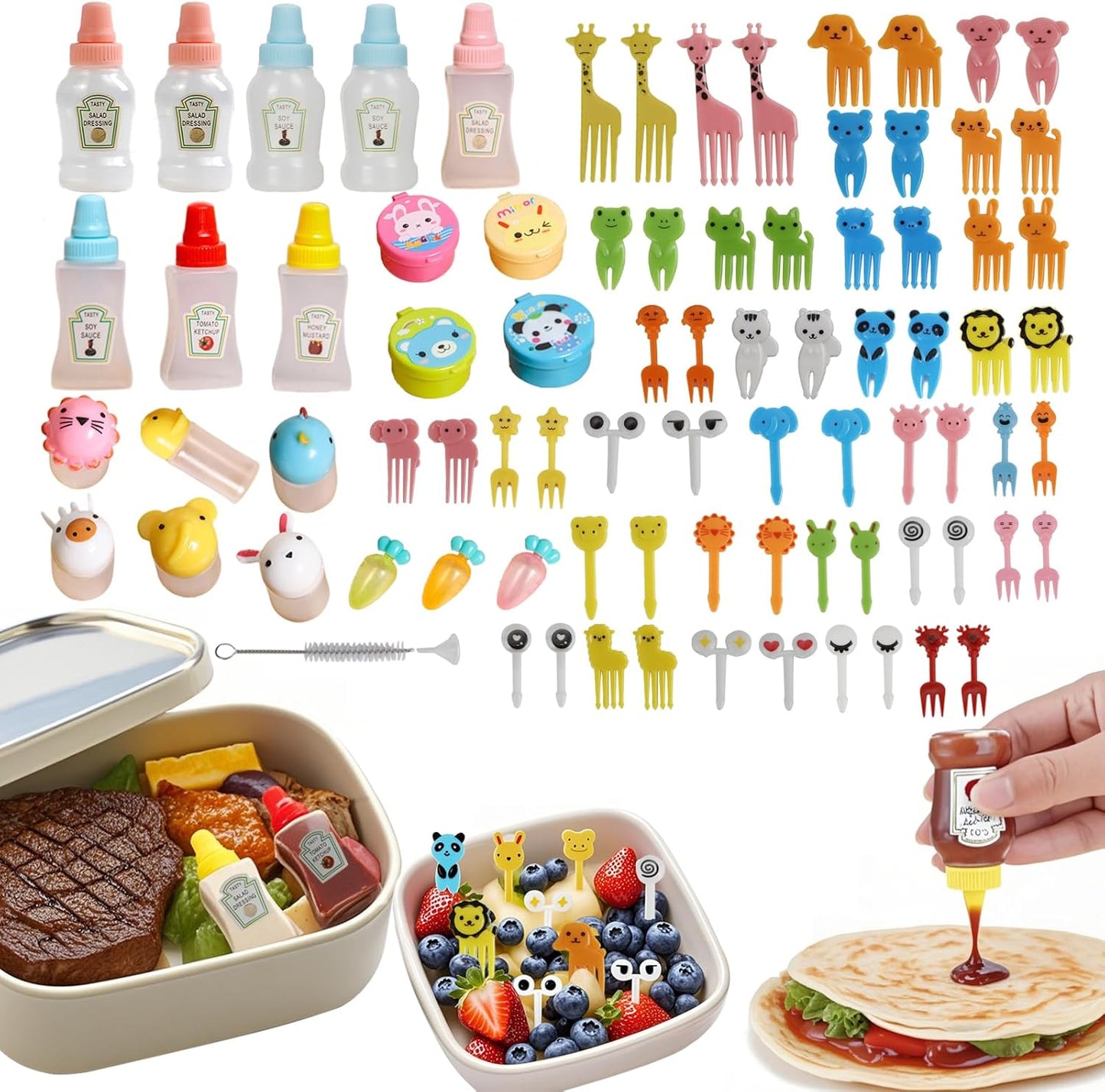 81 Pcs Bento Box Accessories, Including Mini Ketchup Bottles Squeeze, Condiment Squeeze Bottles, Sauce Container, Cute Food Picks for Office, Picnic, Salad Dressing, Honey,Travel, Lunch box