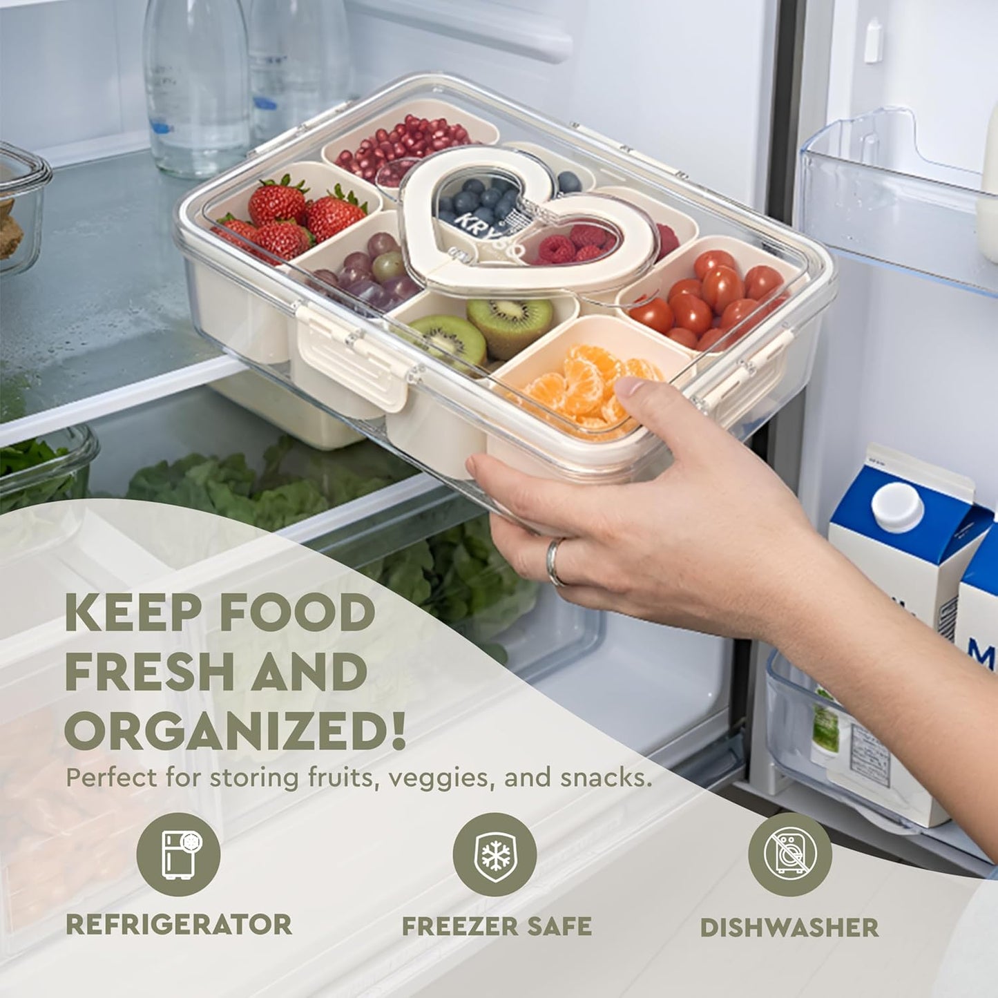 KRYSO 8-in-1 Snack Tray with Lid & Handle, Divided Serving Dishes, Trays & Platters– Leak-Proof, Portable Food Organizer Box with Silicone Seal & Removable Sections for Parties, Travel & Everyday Use