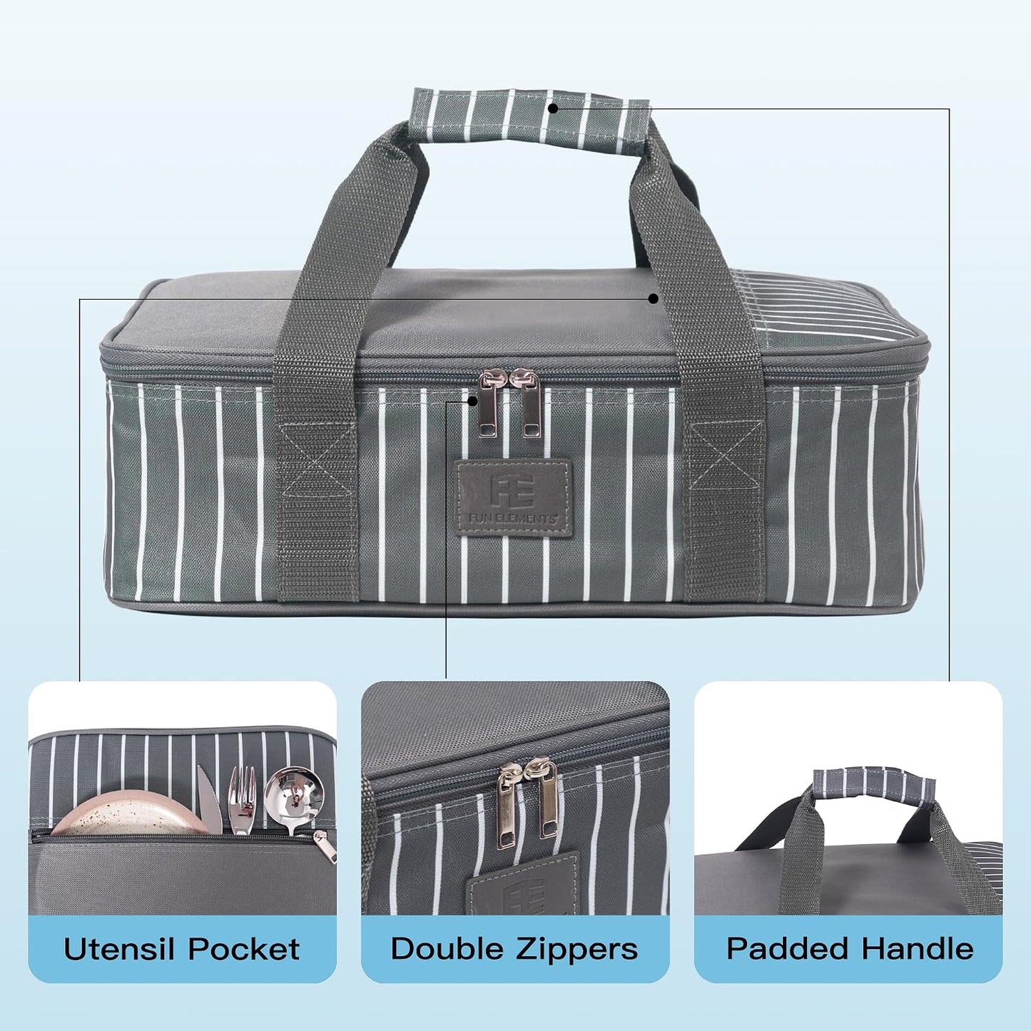 FE FUN ELEMENTS Casserole Carrier, Expandable Insulated Casserole Carriers for Hot or Cold Food, Lasagna Lugger for Parties, Fits 9" x 13" Baking Dish, Grey