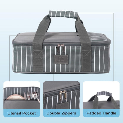 FE FUN ELEMENTS Casserole Carrier, Expandable Insulated Casserole Carriers for Hot or Cold Food, Lasagna Lugger for Parties, Fits 9" x 13" Baking Dish, Grey