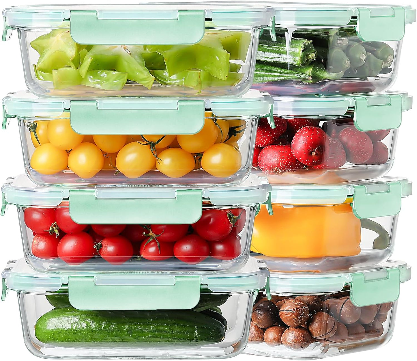 8 Pack 36oz Large Glass Meal Prep Containers with lids, Glass Food Storage Containers with Leak Proof Snap Lock Lids , Airtight Bento lunch Boxes, Kitchen Storage, Oven, Freezer and Dishwasher Safe
