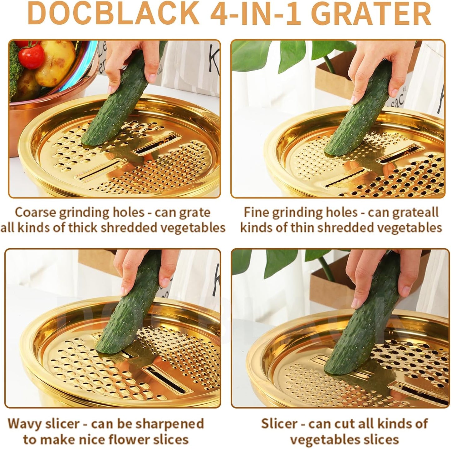 DOCBLACK Colander, 3Pcs Stainless Steel Kitchen Tool 3 in 1 Drain Basket Fruit and Vegetable Cutter Strainer Bowl Set Drain Pot Basket Grater for Fruits Vegetables Rice Washing Mixing - Gold