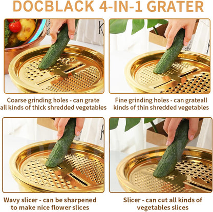 DOCBLACK Colander, 3Pcs Stainless Steel Kitchen Tool 3 in 1 Drain Basket Fruit and Vegetable Cutter Strainer Bowl Set Drain Pot Basket Grater for Fruits Vegetables Rice Washing Mixing - Gold