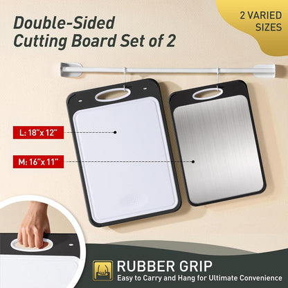 2 Packs Stainless Steel Cutting Board Set, Best Non Toxic Cutting Boards for Kitchen, Double Sided Metal Chopping Board for Meat/Fruit/Vegetables, Food Grade Kitchen Set Gift, [16”×11”+18”×12” Inch]