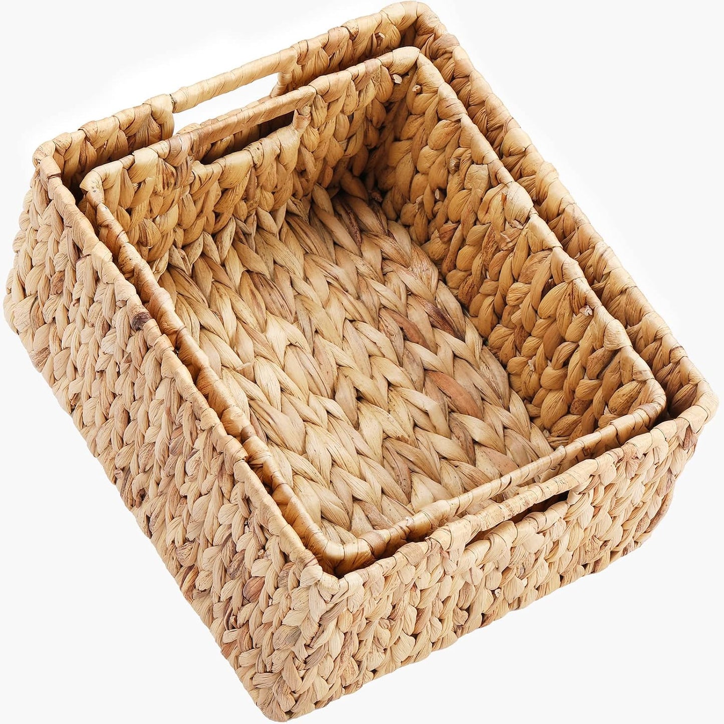 HOONEX Water Hyacinth Storage Baskets, Wicker Baskets for Storage, Hand Woven Baskets with Carry Handles, Set of 2, Natural
