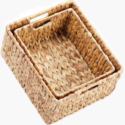 HOONEX Water Hyacinth Storage Baskets, Wicker Baskets for Storage, Hand Woven Baskets with Carry Handles, Set of 2, Natural