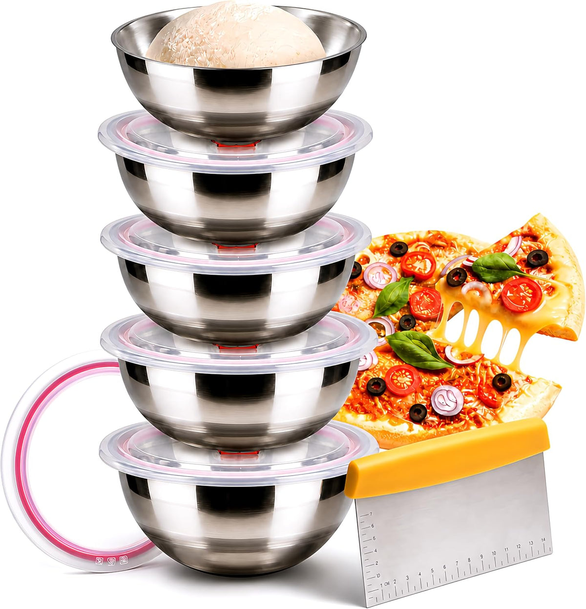 Pizza Dough Proofing Container, 29oz/850ml Stainless Steel Proofing Box with Clear Airtight Lids, Stackable Fermentation Storage for Pizza, Bread, Sourdough, Includes Dough Cutter
