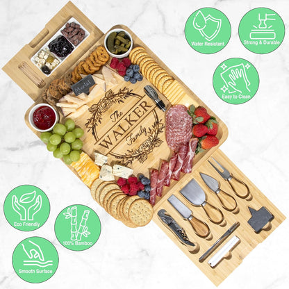Personalized Charcuterie Board Gift Set, Custom Engraved Large Bamboo Cheese Board with Double-Sided Design, Knife Drawer, Ceramic Bowls & Cheese Knives, Wedding, Anniversary & Housewarming Gift