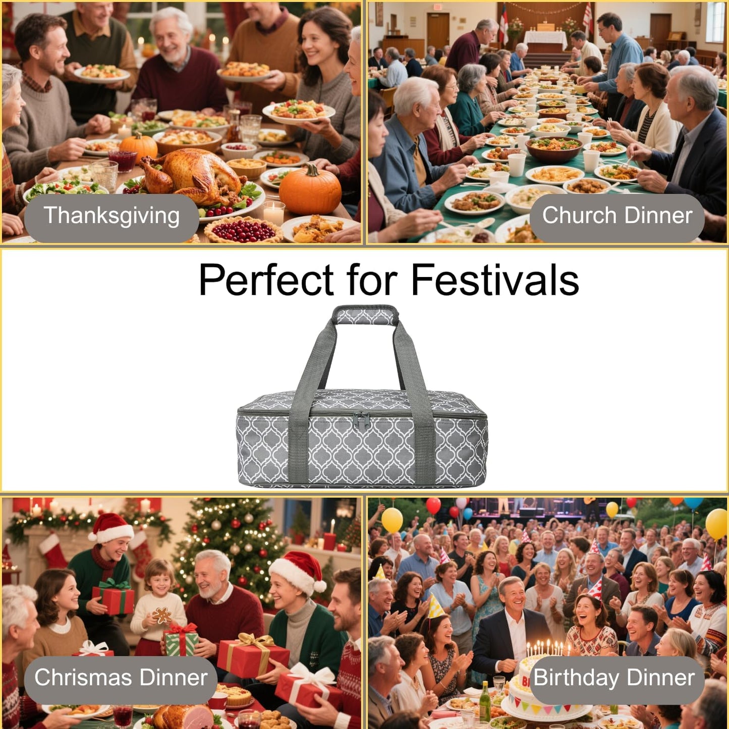 Lestyn Insulated Casserole Carrier Bag - Portable Reusable Food Transport Tote Bag Fits 9x13 Lasagna Baking Dish Pan to Keep Food Hot/Cold for Gathering/Potluck Parties/Cookout/Camping/Offices-Gray