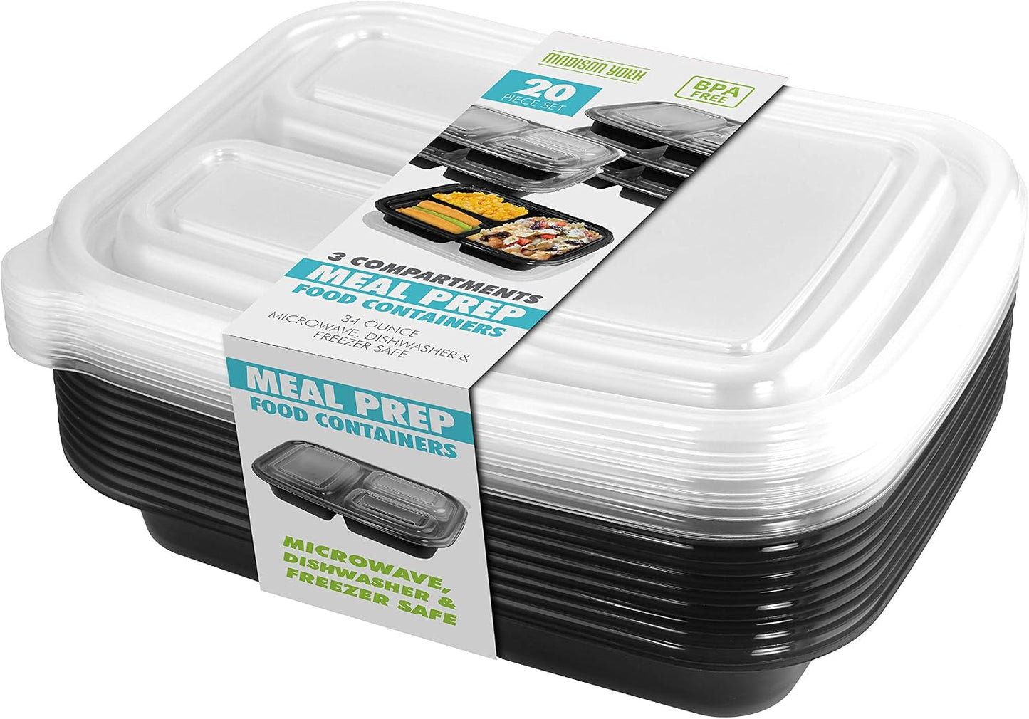 Nameless 20 Piece Meal Prep Container Kit - 3 Section Black