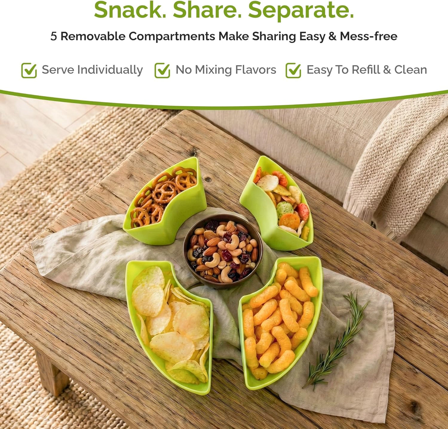 Divided Serving Tray with Lid, 5 Removable Compartments Snack & Veggie avocado shaped Tray with Center Dip Bowl, Portable Food Storage Container for Fruit, Charcuterie, Travel, Work & Parties