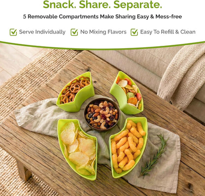 Divided Serving Tray with Lid, 5 Removable Compartments Snack & Veggie avocado shaped Tray with Center Dip Bowl, Portable Food Storage Container for Fruit, Charcuterie, Travel, Work & Parties